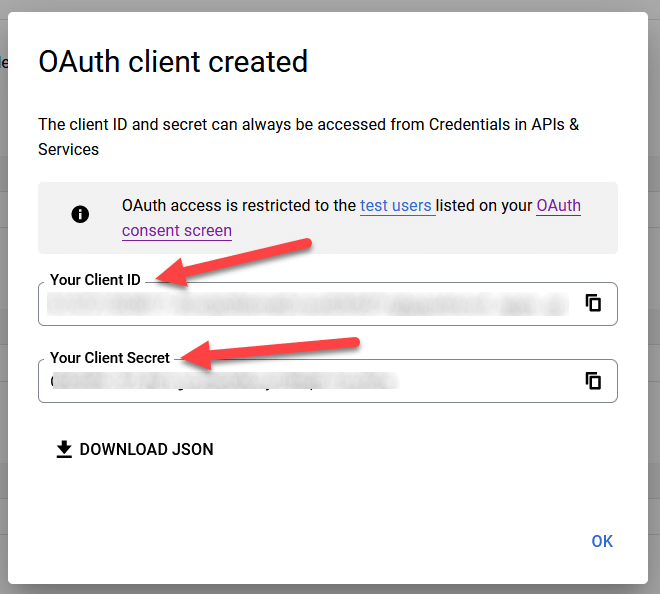 Google OAuth के लिए क्लाइंट आईडी और क्लाइंट सीक्रेट।