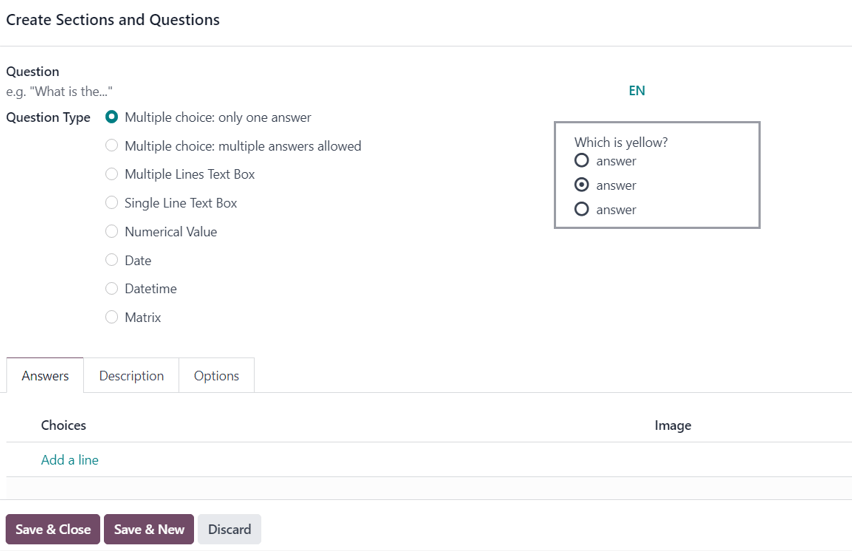 Odoo सर्वे में Create Sections and Questions पॉप-अप फ़ॉर्म।