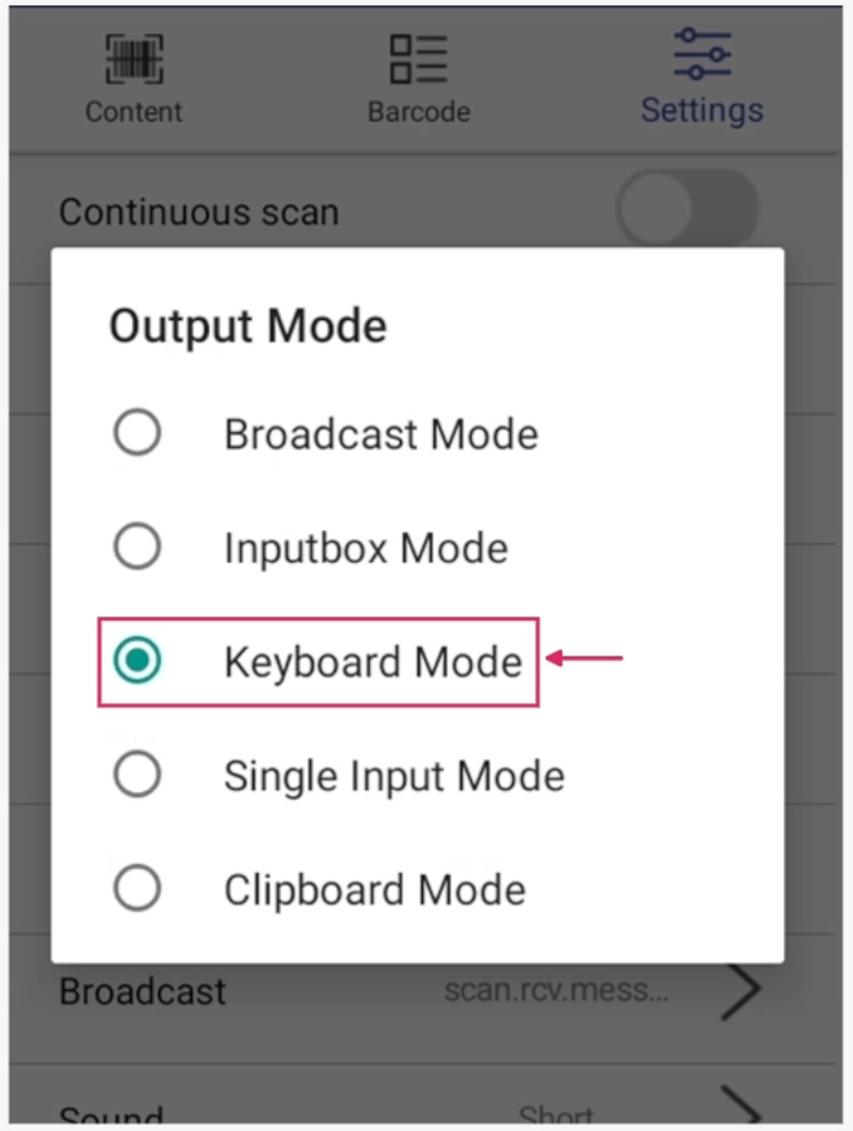 MUNBYN स्कैनर पर Output mode पॉप-अप विंडो।