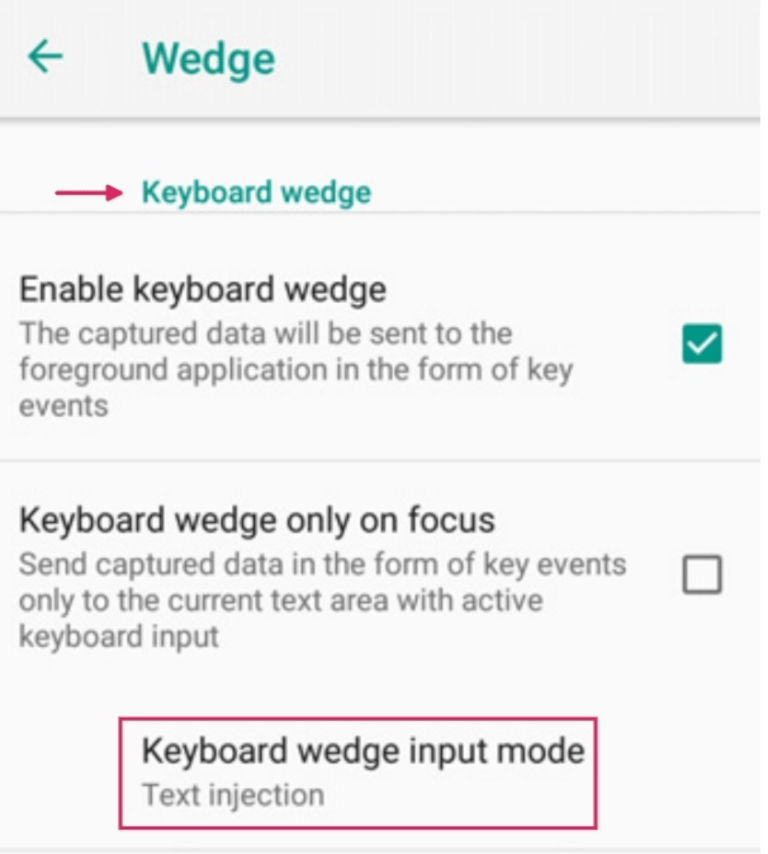 Datalogic स्कैनर पर Wedge कॉन्फ़िगरेशन मेन्यू।
