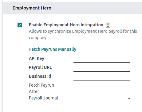 Odoo अकाउंटिंग में Employment Hero इंटिग्रेशन सक्षम करने से सेटिंग में नए फ़ील्ड प्रदर्शित होते हैं