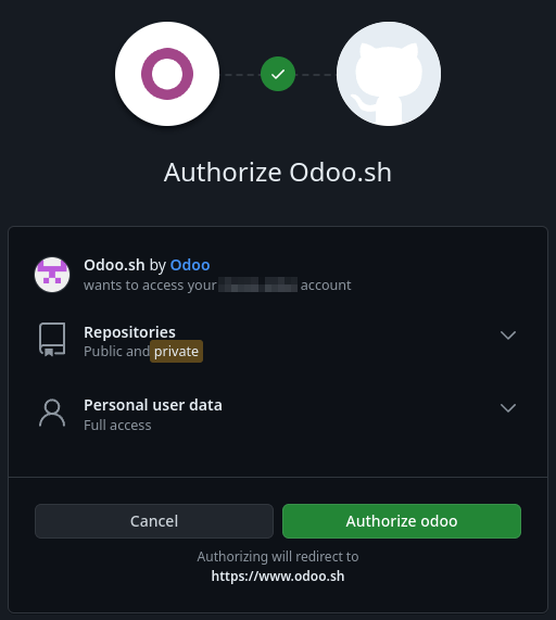 GitHub पर कार्रवाई करने और डेटा एक्सेस करने के लिए Odoo.sh को अनुमति देना