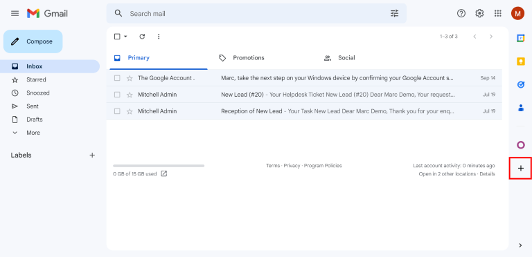 Gmail इनबॉक्स साइड पैनल पर प्लस साइन आइकॉन।