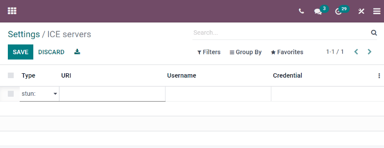 Odoo में "ICE servers" पेज।