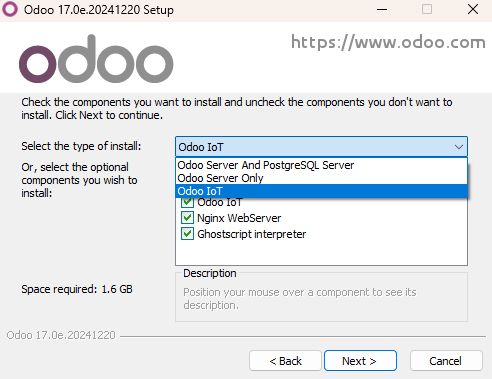 Odoo Community के इंस्टॉलेशन के दौरान "Odoo IoT" का चयन।