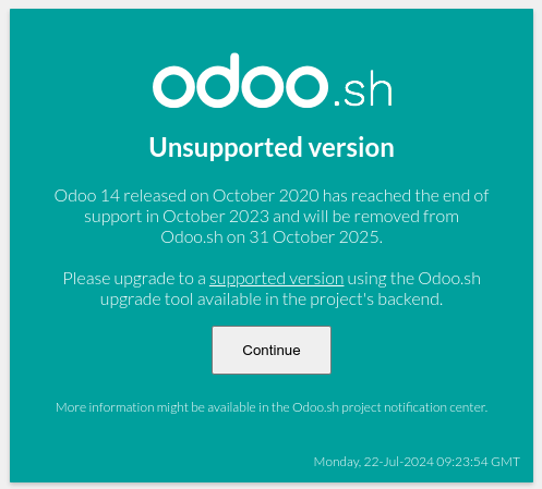 Odoo.sh पर "अनसपोर्टेड वर्शन" पॉपअप।