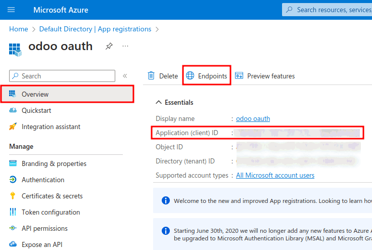 एप्लिकेशन आईडी और OAuth 2.0 ऑथराइज़ेशन एंडपॉइंट (v2) क्रेडेंशियल।