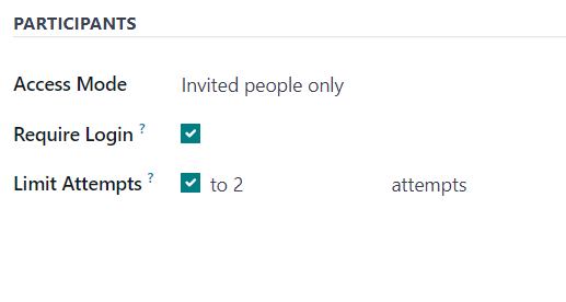 Odoo सर्वे में सर्वे फ़ॉर्म के Options टैब का Participants सेक्शन।