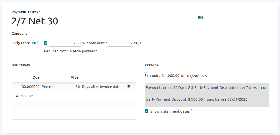 "2/7 Net 30" नाम वाले पेमेंट टर्म का कॉन्फ़िगरेशन। "Description on Invoices" फ़ील्ड में लिखा है: "Payment terms: 30 Days, 2% Early Payment Discount under 7 days"।