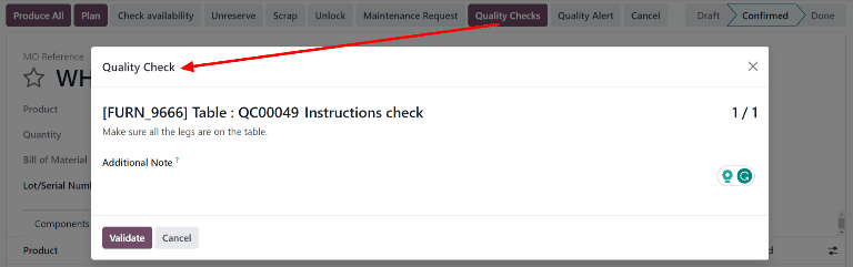 मैन्युफ़ैक्चरिंग ऑर्डर पर "Quality Check" पॉप-अप विंडो।