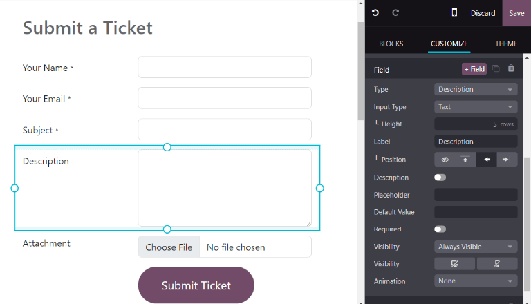 Odoo हेल्पडेस्क के लिए टिकट सबमिट करने के लिए अनपब्लिश वेबसाइट फ़ॉर्म का व्यू।