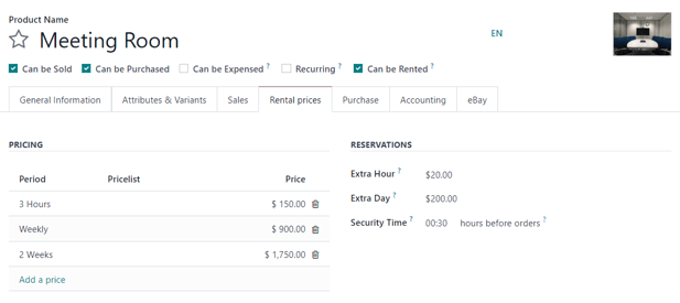 Odoo Rental ऐप्लिकेशन में Settings पेज कैसा दिखता है।