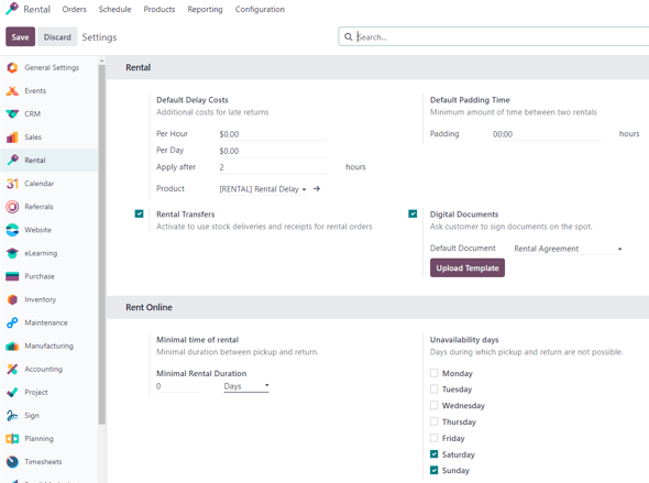 Odoo Rental ऐप्लिकेशन में Settings पेज कैसा दिखता है।