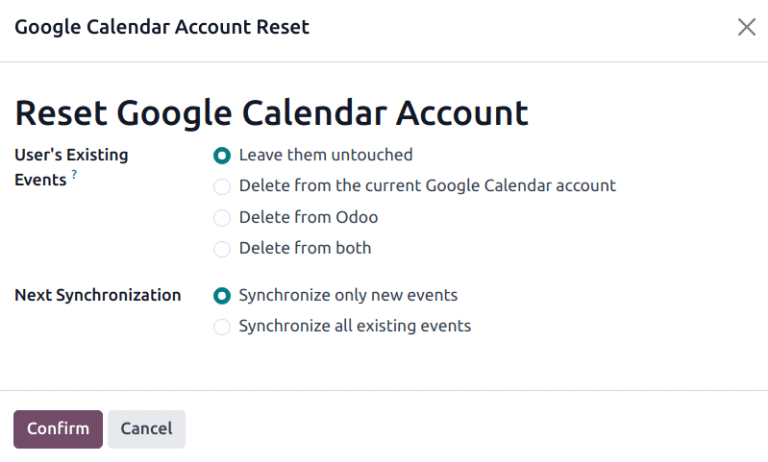 Odoo में Google Calendar रीसेट विकल्प।