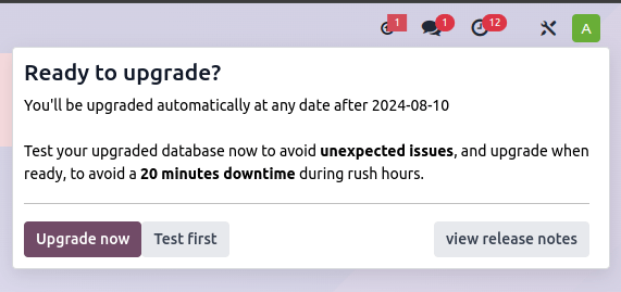 डेटाबेस के ऊपर दाईं ओर अपग्रेड मैसेज प्रॉम्प्ट