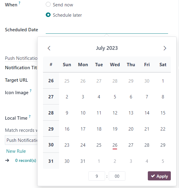 Odoo में सोशल मीडिया पोस्ट डिटेल फ़ॉर्म पर दिखने वाली Schedule date पॉप-अप विंडो।