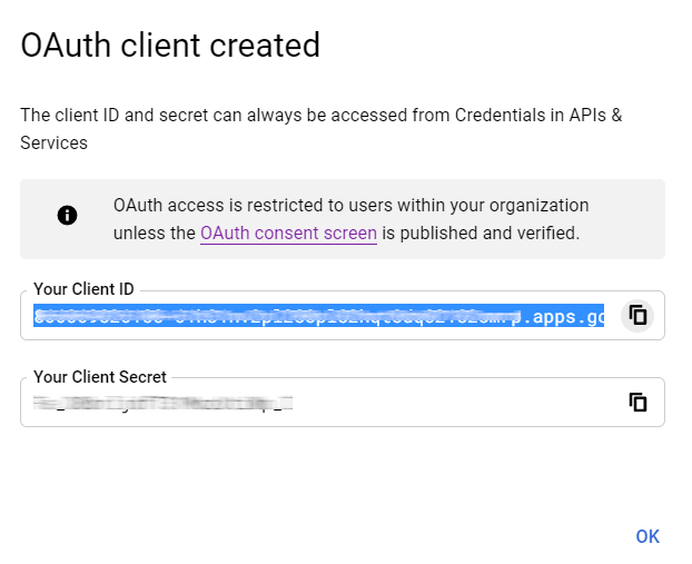 Google OAuth क्लाइंट आईडी उत्पन्न।