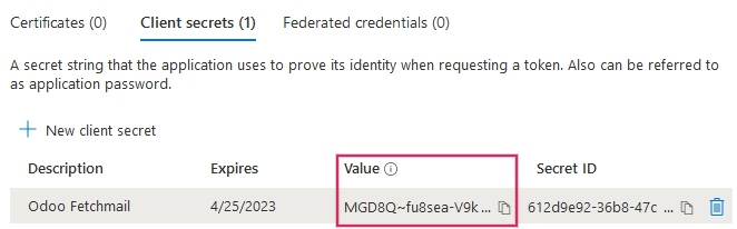 ऐप्लिकेशन के क्रेडेंशियल में Client Secret Value या Value।