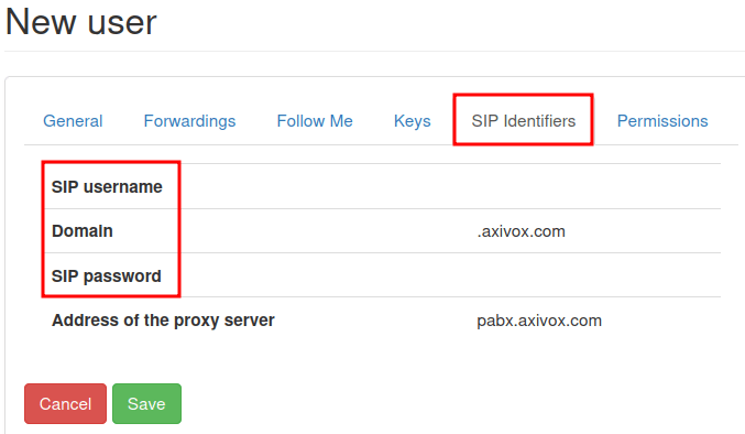 Axivox VoIP के एक्सटर्नल कॉन्फ़िगरेशन के लिए इस्तेमाल किए गए ज़रूरी क्रेडेंशियल।