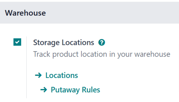 Inventory ऐप्लिकेशन सेटिंग पेज पर Storage Locations सेटिंग।