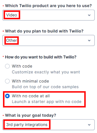 Twilio वेलकम पेज।