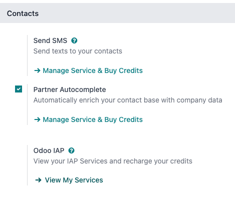 सेटिंग ऐप Odoo IAP हेडिंग और मेरी सर्विस देखें बटन दिखा रही है।