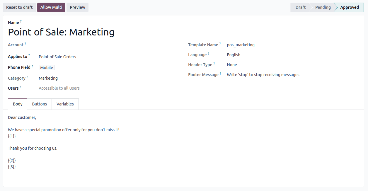 approved और marketing uses whatsapp template के लिए configured