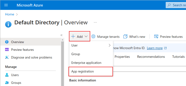 Microsoft Azureの管理ページで + Add と App Registration メニューが強調表示されています。