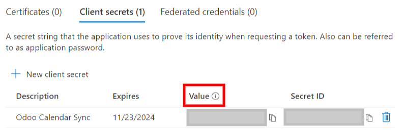 Microsoft から Odoo にコピーされる「Client Secret」トークン。