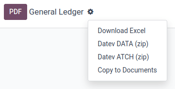 DATEV エクスポートを含む総勘定元帳のアクションメニュー