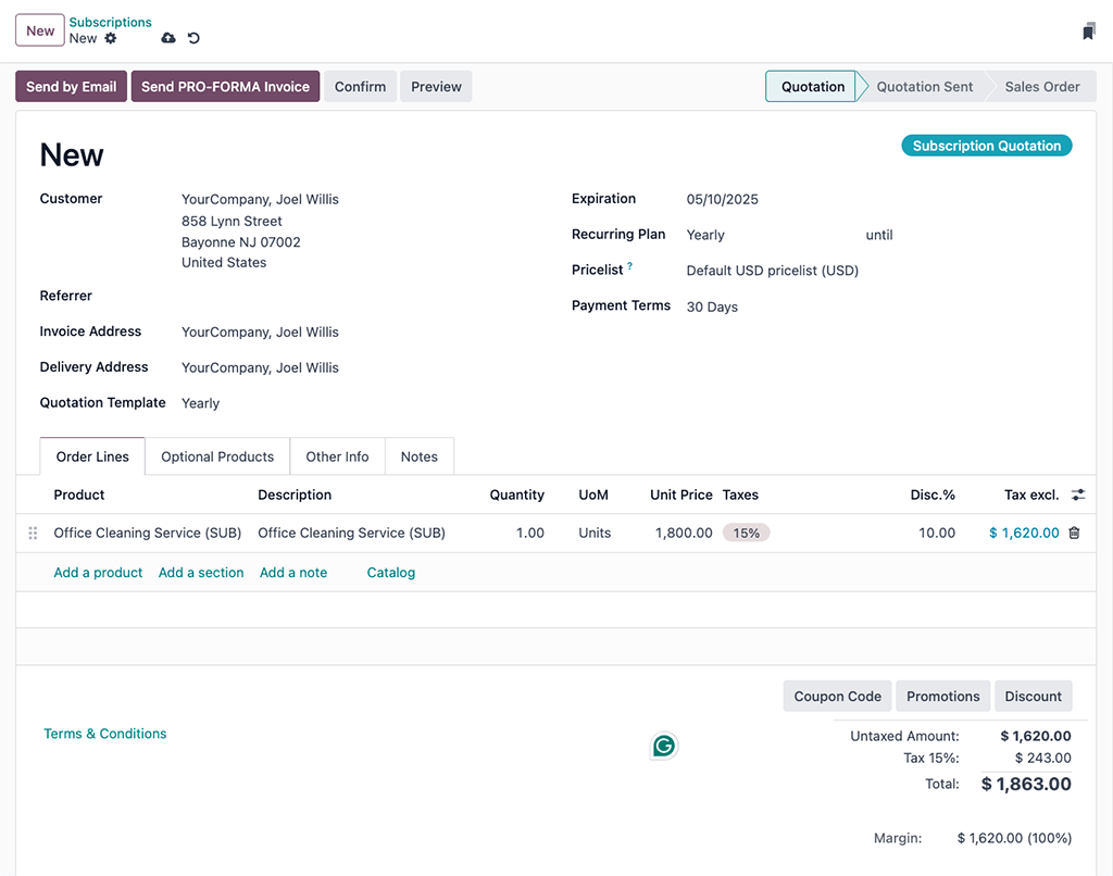 Odoo\ での新しいサブスクリプション見積もりの完成例。