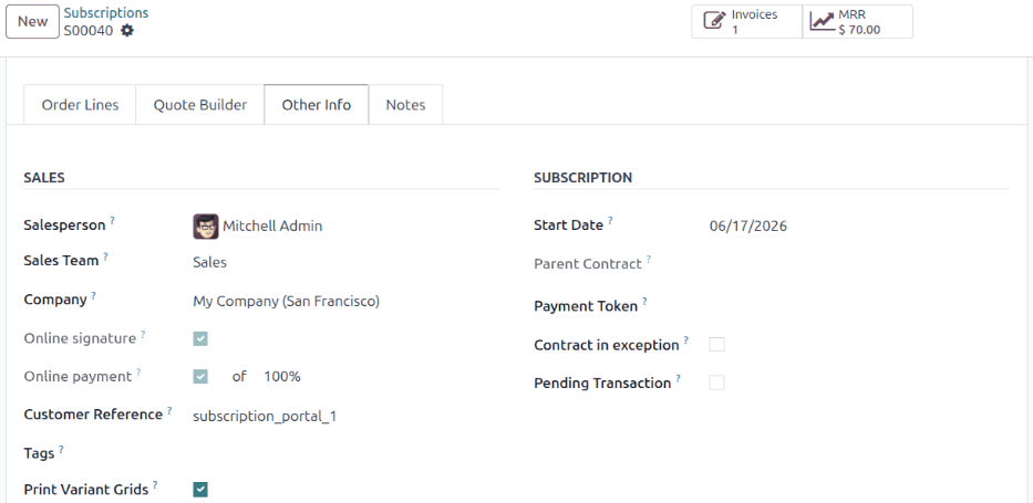 The Payment Token field under the Other Info tab on a subscription sales order form.