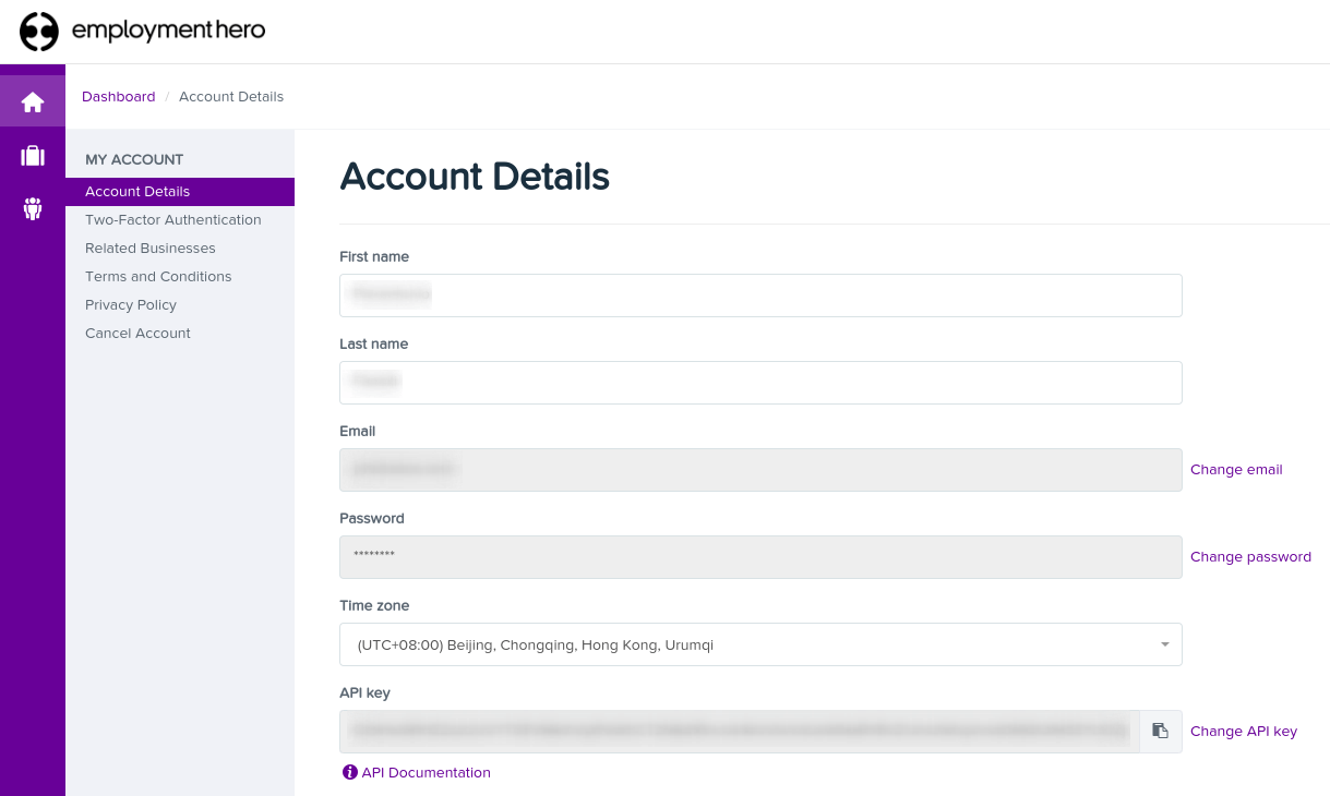 My Accountセクションの下でEmployment Hero APIキーを見つける。