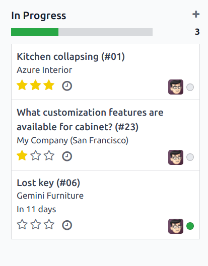 Odooヘルプデスクのチームのかんばんビューと優先順位付けされたタスクのビュー。