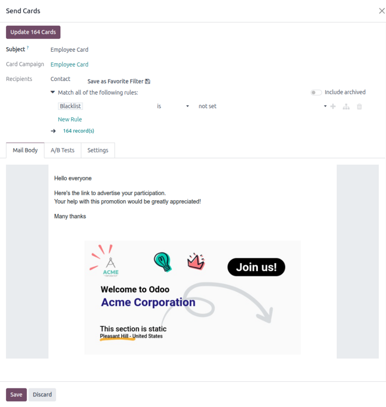 Odooマーケティングカードでメール配信キャンペーンを送信する際のカード送信ウィンドウ。