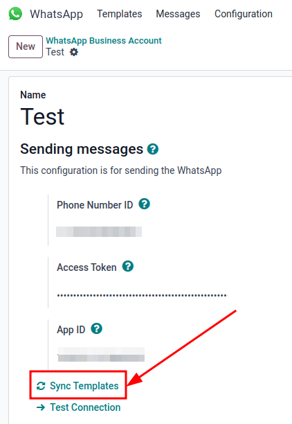 OdooデータベースへのMeta WhatsAppテンプレートの同期。「Sync Templates」が強調表示されています。