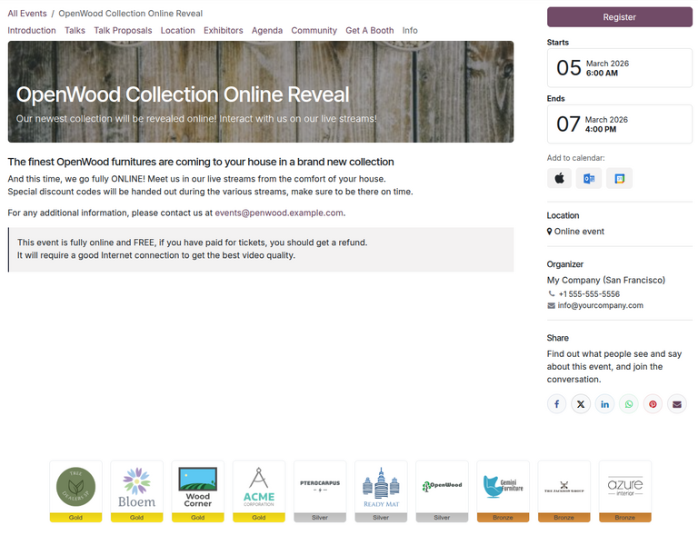 Odoo 活动中页脚的活动赞助商徽标。