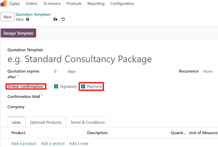 Odoo\ :guilabel:`销售`\ 中报价模板表单上的在线支付设置。