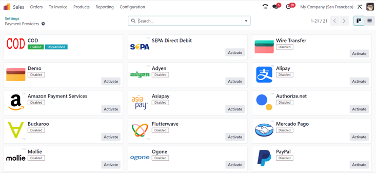 Odoo\ :guilabel:`销售`\ 中的支付提供商页面。