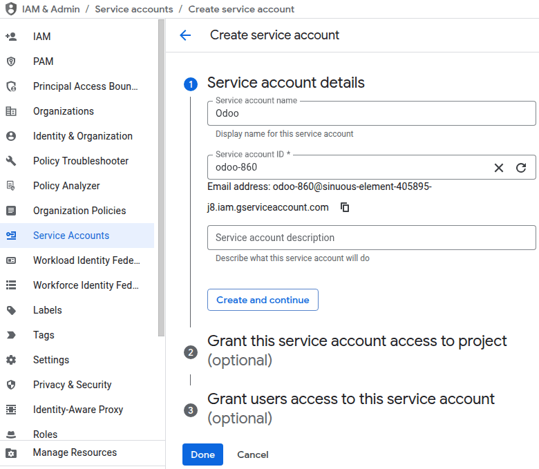 创建 Google Cloud 服务账户