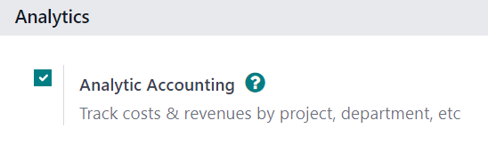 Wie es aussieht, wenn die Einstellung „Kostenrechnung“ auf der Einstellungsseite in Odoo Buchhaltung aussieht.