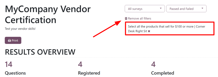 Der angewandte Filter auf der Seite „Ergebnisse ansehen“ der Odoo-Umfragen-App.