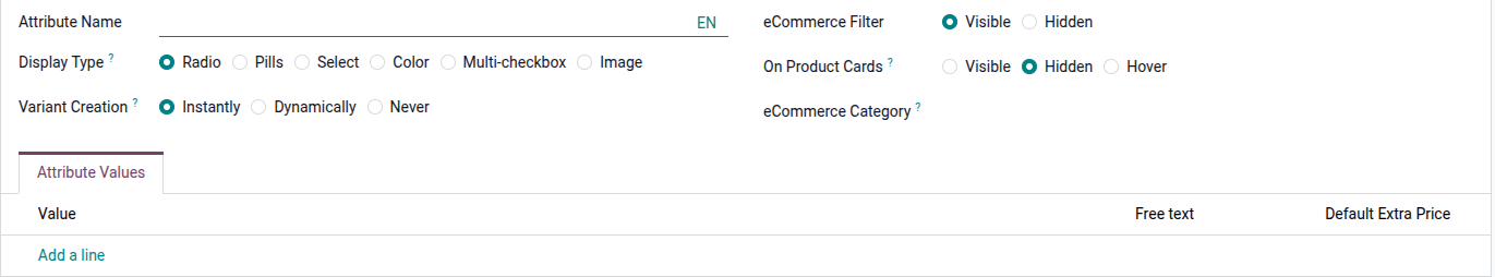 Ein leeres Attributerstellformular in der Odoo-Verkaufsapp.