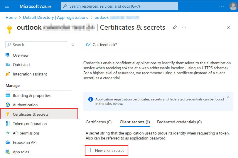 Neue Seite zum Client-Geheimnis mit dem Menü Zertifikate und Geheimnisse und der hervorgehobenen Option „Neues Client-Geheimnis“.