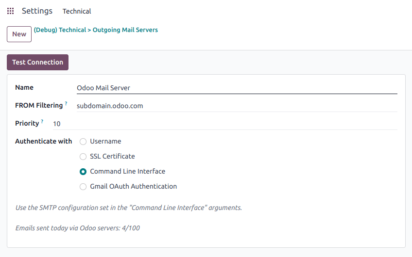 Hinzufügen eines Mailservers mit Odoos Mailserver mit der CLI-Authentifizierung.