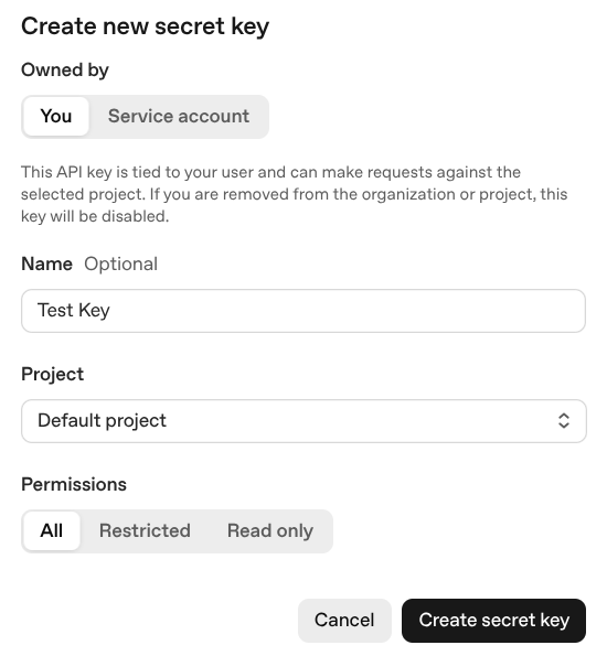 Das Pop-up zur Erstellung neuer API-Schlüssel in OpenAI.