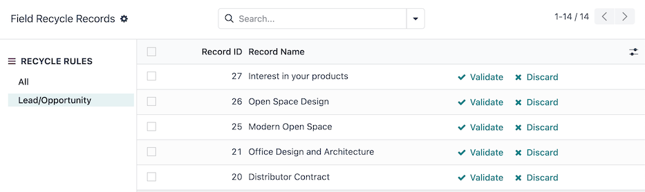 Dashboard „Feld-Recycling-Datensätze“ in der Datenbereinigungsapp.