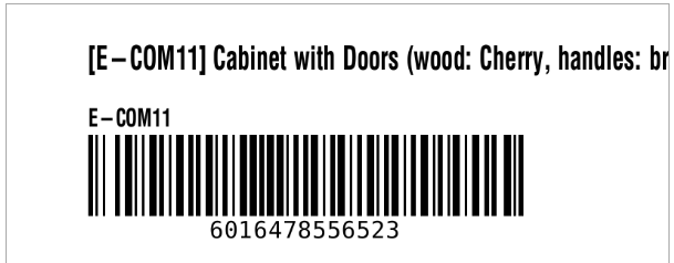 Beispiel eines Barcode-Etiketts mit dem abgeschnittenen Produktnamen.