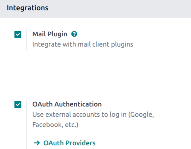 Die Einstellung, um OAuth zu aktivieren, in Odoo Einstellungen.