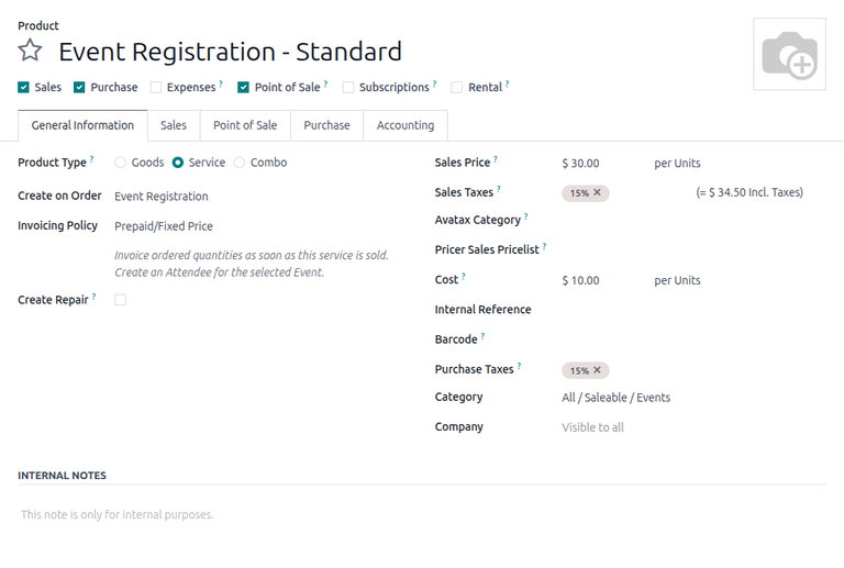 Ansicht eines Veranstaltungsregistrierungsproduktformulars in Odoo.